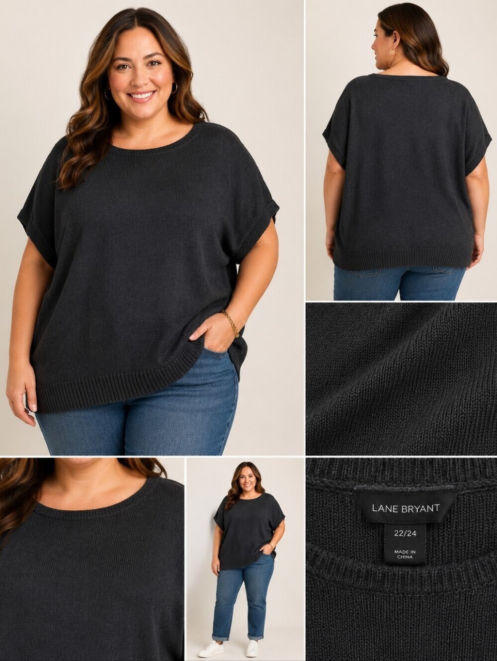 Lane Bryant Charcoal Black Short-Sleeve Knit Top